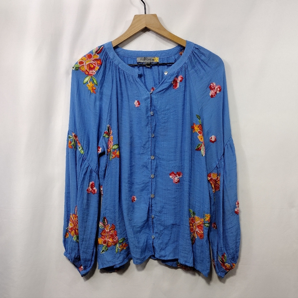 Figueroa & Flower Embroidered Papaya Floral Gauze Blouse Womens M Blue Artsy - Picture 2 of 10